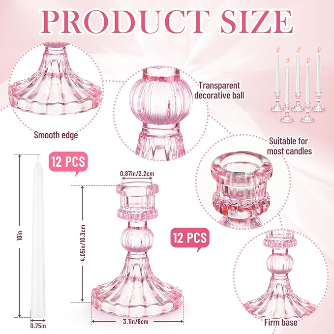 Suclain 24 Pcs Glass Taper Candle Holder Sets 12 Candlestick Holder with 12 White Long Candles for Wedding Party Decor Dinner Decoration(Pink)