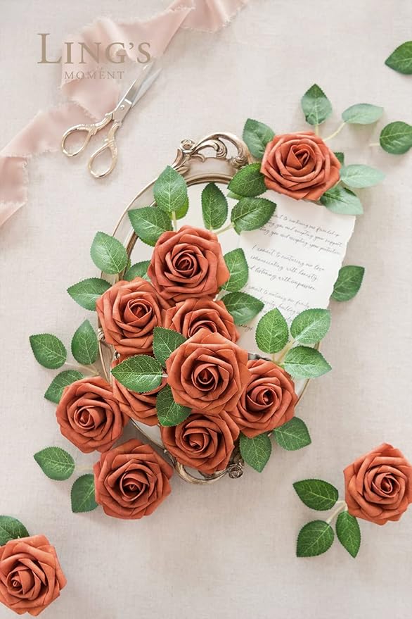 Ling's moment Fall Artificial Flowers 25Pcs Burnt Orange Roses Decor w/Stems,3" Real Touch DIY Foam Floral for Wedding Bouquet/Centerpieces, Outdoors Party Backdrop, Room/Table, and Garden/Pot Decor