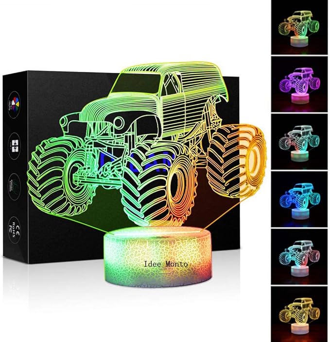 3D Night Lights for Children, Kids Night Lamp, Monster Trucks for Boys, 7 LED Colors Changing Lighting, Car Shape Acrylic Lighting Table Desk Bedroom Decoration, Cool Gifts Ideas Birthday Xmas
