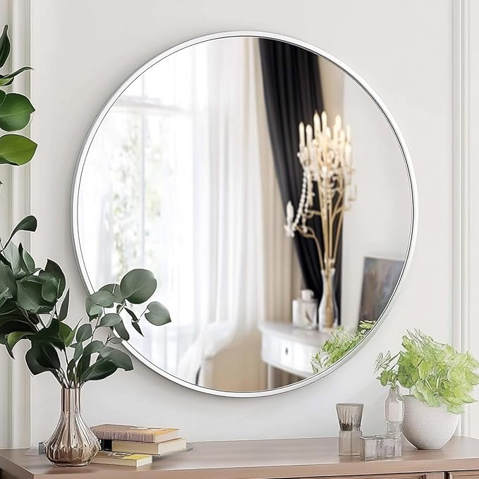 White Round Mirror, White Round Mirror 24 inch, Circle Bathroom Mirrors Metal Frame, Circle Mirrors for Wall, Bathroom, Over Sink, Living Room, Vanity.