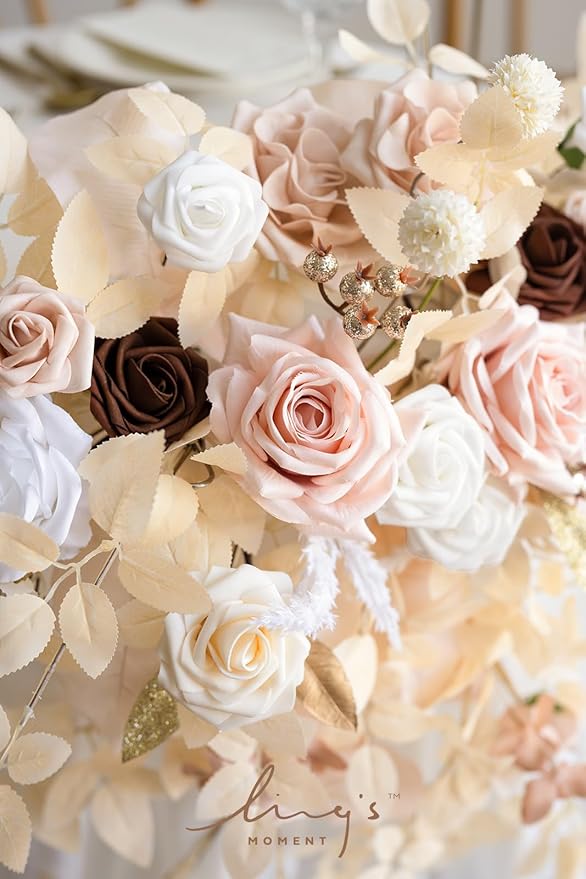 Ling's moment 2PCS White & Beige Artificial Floral Swags Centerpieces,Ivory Wedding Flower Garland Greenery Arrangements for Sweetheart/Head Table Decor Wall Arch Home Garden Decor