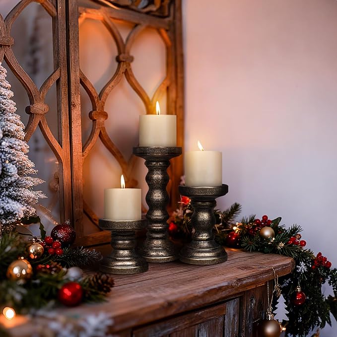 Candle Holder for Pillar Candle Set of 3, Farmhouse Wood Candle Holder, Rustic Wooden Candle Stand, Vintage Tall Candle Stand Decorative for Living Room, Table Centerpiece, Black Gold
