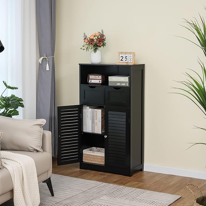 WEENFON Bathroom Storage Cabinet with 2 Drawers & 2 Shutter Doors, Floor Cabinet with Adjustable Shelf, for Living Room, Hallway, Home Office, Black