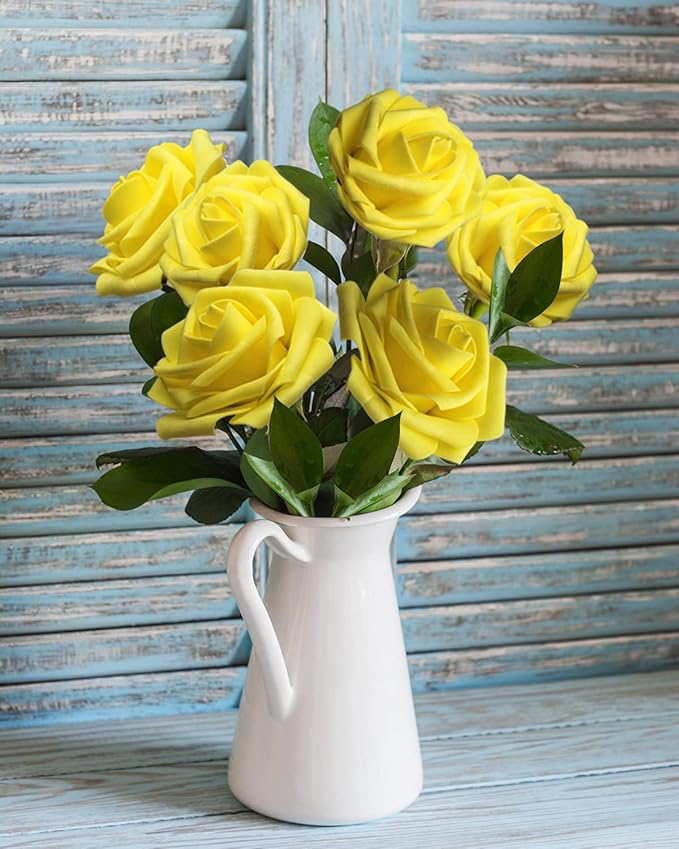 JOYLEX Artificial Flowers Realistic Roses, 25pcs Real Looking Fake Roses with Stem for DIY Wedding Bouquets Centerpieces Bridal Shower Party Home Romantic Decorations (Yellow)