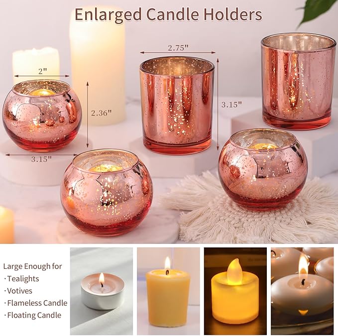 10 Pcs Assorted Rose Gold Candle Holders, Larger Size Mercury Glass Votives for Wedding, Rose Gold Birthday Decorations, Votive Candle Holders for Valentines/Bridal Shower/Sweet 16 Party Favors