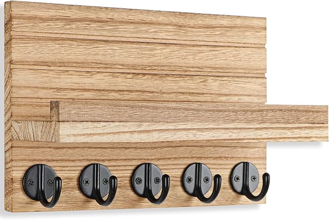 Key Holder for Wall, Decorative Key and Mail Holder with Shelf Has Large Key Hooks for Bags, Coats – Paulownia Wood Key Hanger with Mounting Hardware (9.8”W x 6.7”H x 4.2”D) (Burnt Wood)