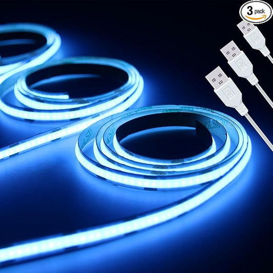 LED Strip Lights ICE Blue COB 320 LEDs High Brightness Indoor Use Flexible Thin LED Lights for Home DIY Display Cabinet 5V USB LED Short Light, Commercial Decoration TV Lights (3.28FT/3Pack)