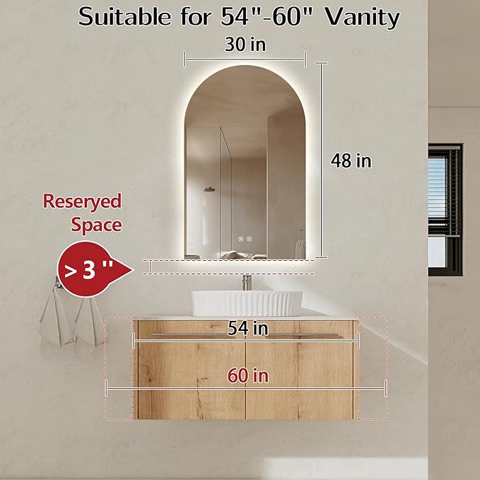 Niccy Arched LED Bathroom Mirror, 48x30 Inch Arch Frameless Backlit Mirrors for Wall Arched Lighted Vanity Mirrors Defogger and 3 Color, Explosion-Proof, HD Glass and IP65 Waterproof