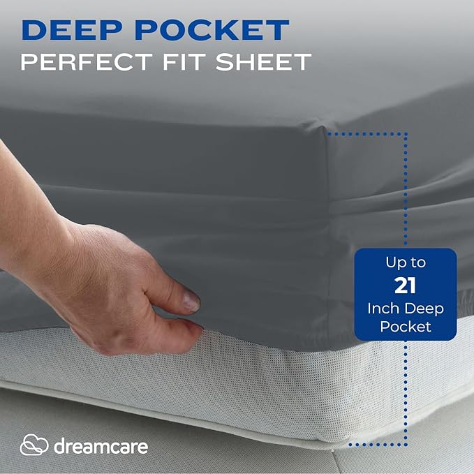 DREAMCARE Full Size Sheets – 4 pcs Cooling Sheets – up to 21” Deep Full Sheet Set – Hotel Luxury Sheets & Pillowcases – Superior Softness 100% Fine Microfiber with Side Pocket – DGray