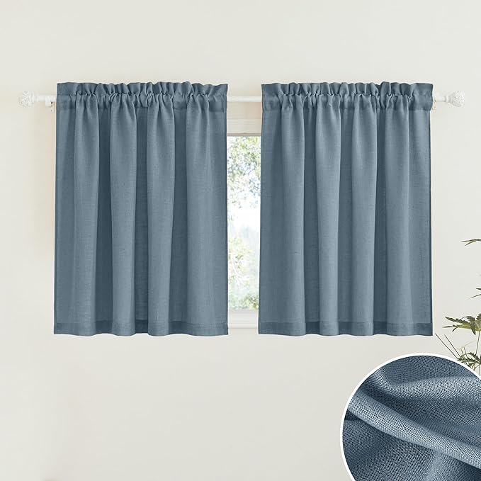 RYB HOME Blue Sheer Curtain Tiers 36 inch Length, Semi Sheer Half Privacy Kitchen Window Covering Lights Filtering for Cafe Bathroom Closet, Stone Blue, W52 x L36 inch, 2 Panels