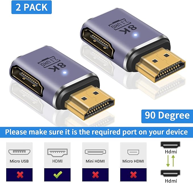 Poyiccot 8K HDMI Extension Adapter, 48Gbps HDMI Male to Female Extender Adapter 90 Degree UHD 2.1 Video and Audio Connector for HDTV, Switch, Xbox One, PS5, Laptop, 2-Pack