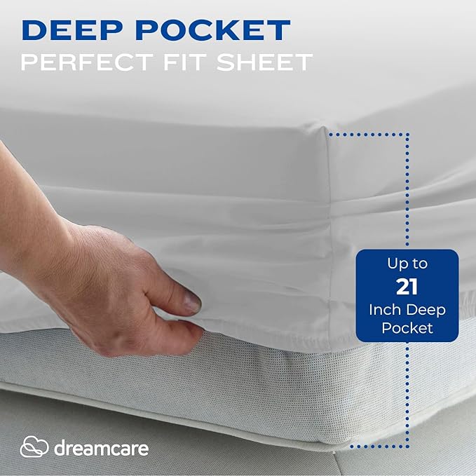 DREAMCARE Full Size Sheets – 4 pcs Cooling Sheets – up to 21” Deep Full Sheet Set – Hotel Luxury Sheets & Pillowcases – Superior Softness 100% Fine Microfiber with Side Pocket – Light Gray