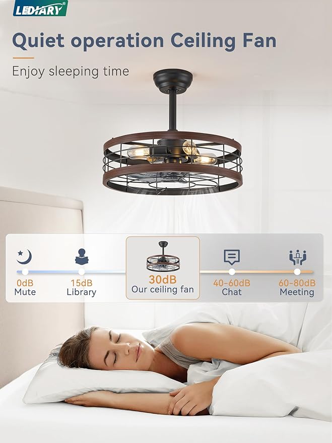 LEDIARY 20 inch Fandelier Caged Ceiling Fan with Light, Bladeless Ceiling Fan with Remote, Farmhouse Fan Lights Ceiling Fixtures for Kitchen, Bedroom, Outdoor(6 Speed, Timing) - Walnut