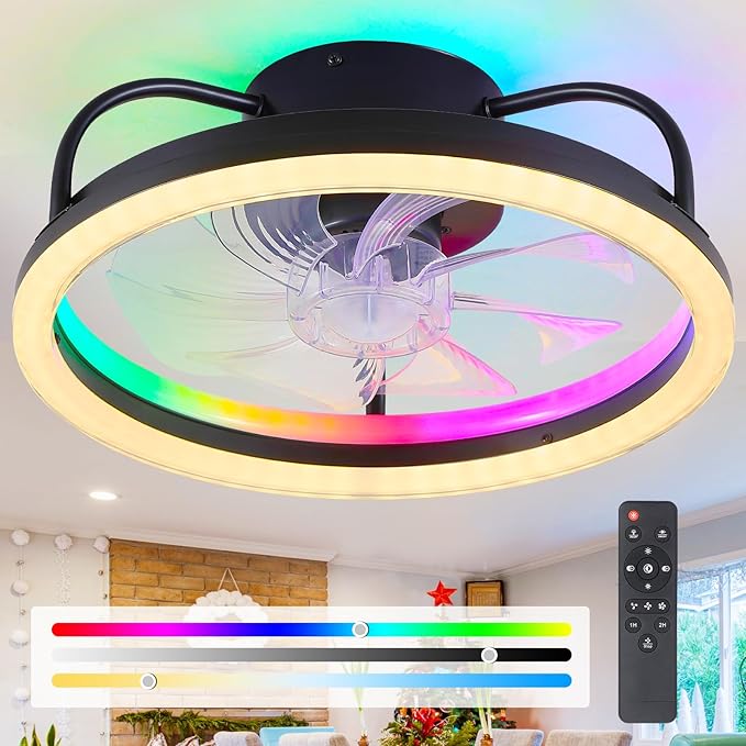 Ceiling Fans with Lights - Modern Flush Mount Ceiling Fan,16" RGB Dimmable LED Enclosed Ceiling Fans,Low Profile Bladeless LED-RGB Ambient Light for Bedroom Kids Room Party（Black）
