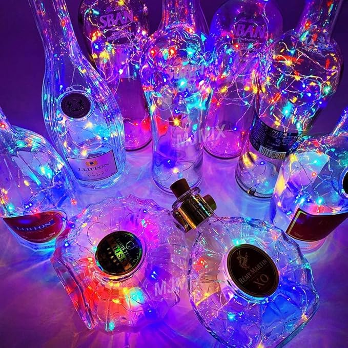 YJFWAL Wine Bottle Lights with Cork, Cork Shape Silver Copper Wire Fairy Mini String Lights, 24 Pack 20LED Battery Operated for Jar DIY, Party, Wedding, Christmas, Halloween, Bar Decor (Multicolor)