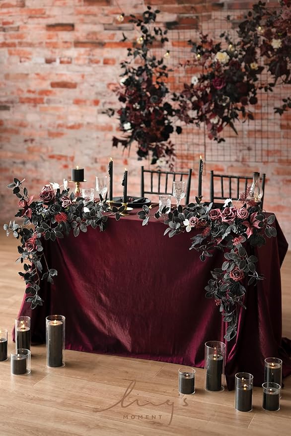 Ling's moment 2PCS Black Artificial Floral Swags Arch Flowers Burgundy Wedding Rose Garland Greenery Arrangements Centerpieces for Sweetheart Table Decor Wall Window Garden Decor Maroon Gothic