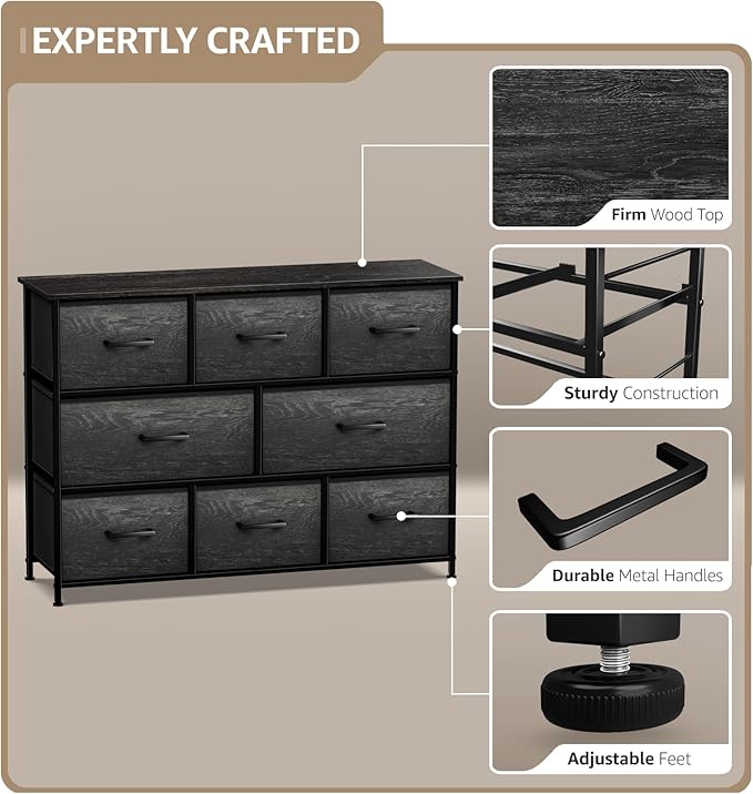 Sorbus Dresser with 8 Faux Wood Drawers - Chest Organizer Unit with Steel Frame Wood Top & Handle Easy Pull Fabric Bins for Clothes - Wide Storage Furniture for Bedroom Hallway, Living Room & Closet