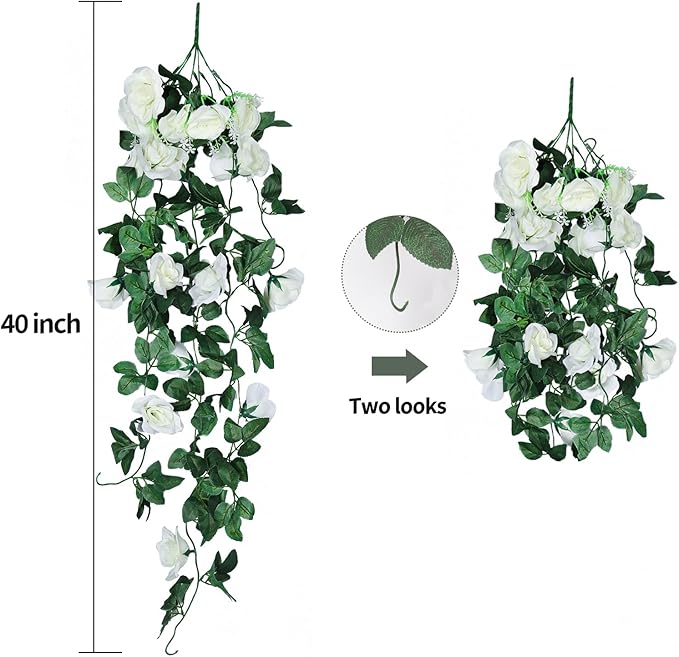 Artificial Hanging Rose Plant 4Pieces 3.3Ft Faux Ivy Plants Fake Outdoor Flowers Vines,UV Resistant for Wedding, Home, Office, Arch,Arrangement Decoration (White)