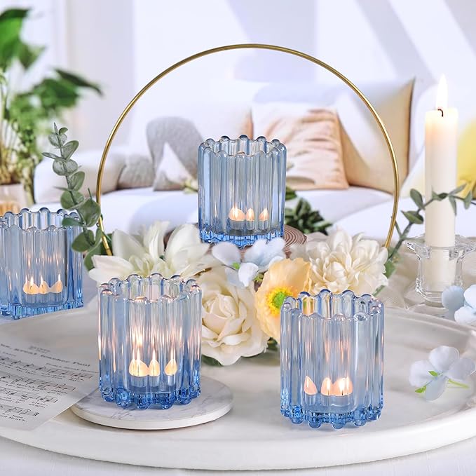 Glass Blue Votive Candle Holder, Ribbed Votive Candle Holders Set of 12, Tealight Candle Holder for Wedding Centerpieces Dinner Party Table Decor
