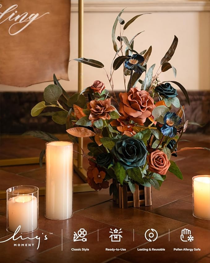 Ling's Moment 41" Tall Fall Free Standing Artificial Flowers Arrangements 2 pcs Wedding Arch Altar Stage Decorations Teal Burnt Orange For Ceremony Reception Church Backdrop Outdoor Aisle Floral Party