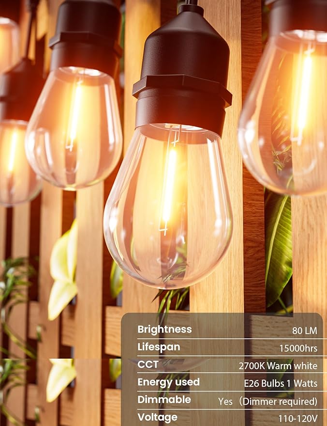 Svater Outdoor Led String Lights 75 FT, Patio Lights for Outside with 26pcs S14 Shatterproof Bulbs, IP65 Waterproof Commercial Grade Market Light, 1 Watt E26 Dimmable 2700K Warm White