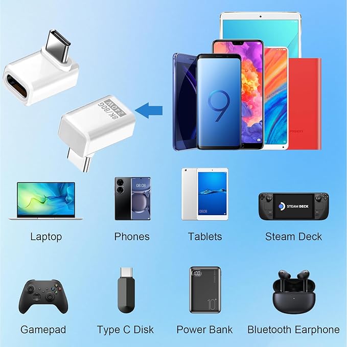 Danfetsoy USB C 90 Degree Adapter 80Gbps, White 90 Degree USB C Adapter 240W, Up Down Angle Male to Female Type C Extender Thunderbolt 5 Connector 8K@60Hz Video for MacBook, Laptop, Tablet, 2pack