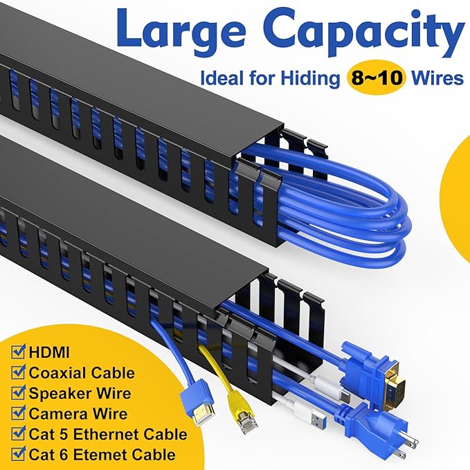 Open Slot Wiring Raceway Cable Duct, 123in Cable Management Channel Cord Track,Desk Wire Channel, Under Desk Cable Management to Hide Cables, Wires for Computers (Black, 1.97" Hx1.97"W, 15.4''L(8 Pc))