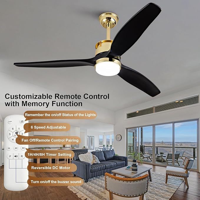 BOJUE 52 Inch Black Gold Ceiling Fans with Lights and Remote, Reversible Quite DC Motor,6 Speeds with Memory Program,Modern Farmhouse Wood Ceiling Fan with Light for Living Room Patio