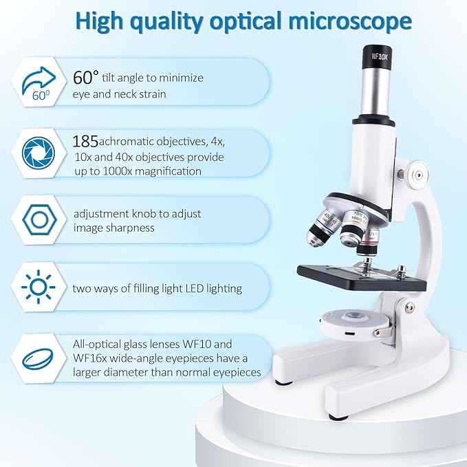 Microscope for Kids，40X-2000X Compound Microscope Mobile Phone Adapter with Microscope Slide Microscope kit for Home School Laboratories for Children Students