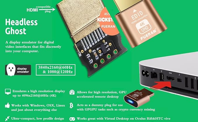 4K HDMI Dummy Plug, Virtual Monitor Emulator, Headless Display Adapter, EDID Emulator, Supports 4096x2160@60Hz, 3840x2160@60Hz, 2560x1440@60Hz for Windows, Mac, Linux – Plug & Play (2P)