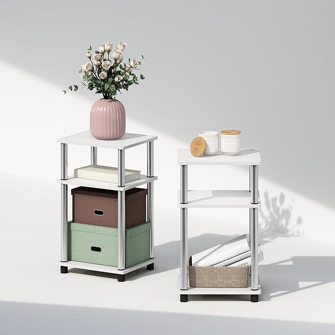 Furinno Just 3-Tier Turn-N-Tube Open Storage Nightstand, 2-Pack, Plastic Poles, White Oak/Stainless Steel