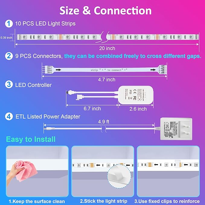 maylit 10 PCS Smart RGB Under Cabinet Lights Kit, Compatible with Alexa and Google Assistant, App and Remote Control, Music Sync Color Changing, Timer, Dimmable, for Cabinet, Counter, Shelf, Bookcase
