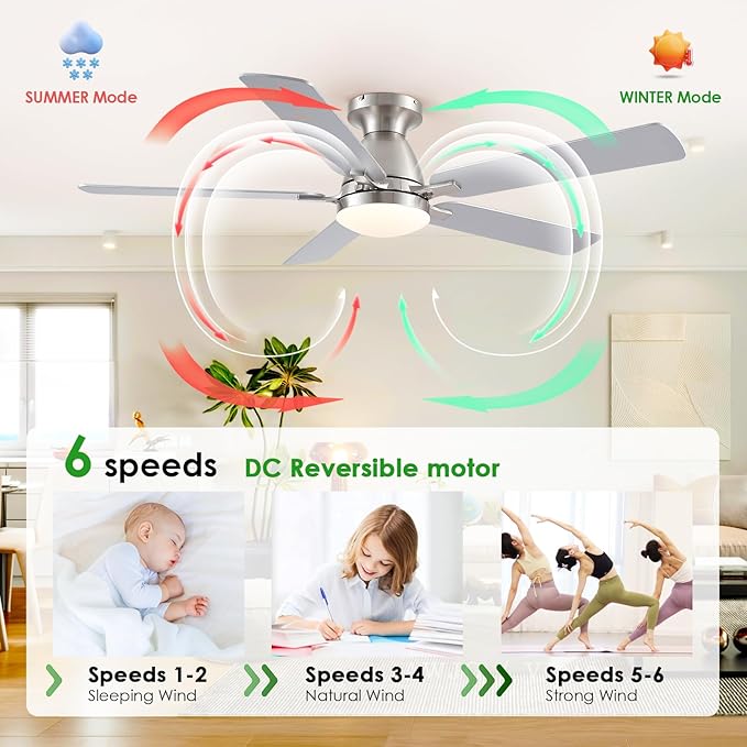 Ceiling Fans with Lights, 56" Flush Mount Ceiling Fan with Light and Remote/APP Control, Low Profile, Modern Ceiling Fan Reversible, Dimmable, Noiseless, Brushed Nickel for Bedroom