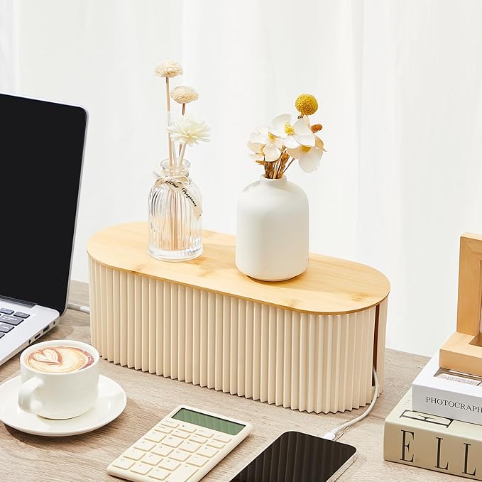 Marsui 2 Pcs Beige Cable Management Organizer Box for Hiding Wires, Home Office Desk Floor Cord Organizer, 11.8 x 5.1 x 4.3 Inch Cord Strip Protect Holder Wire Storage