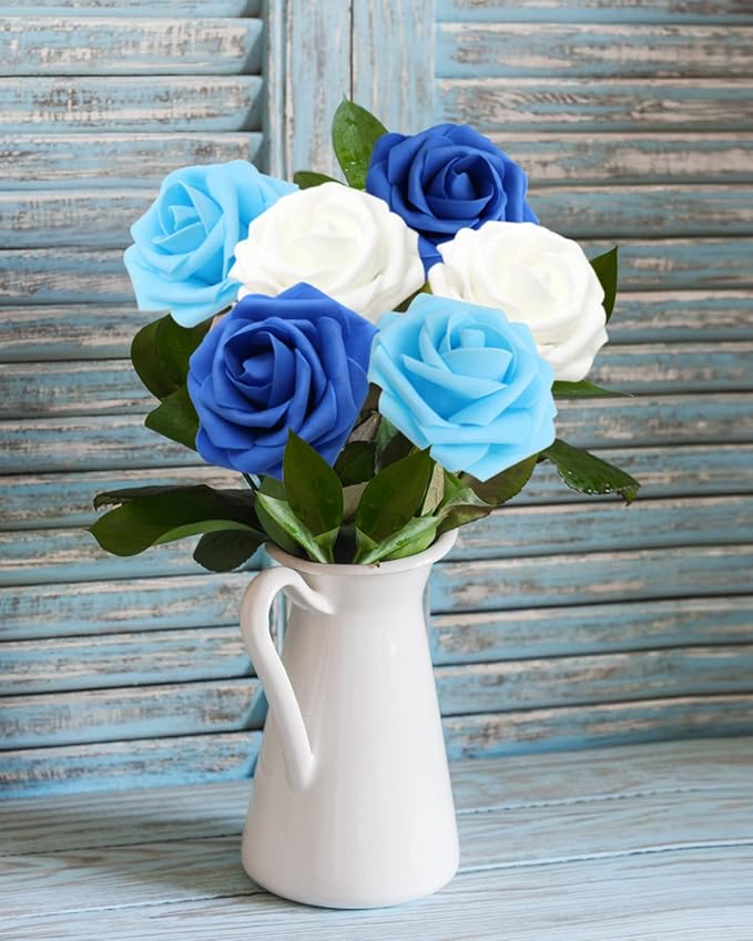 JOYLEX Artificial Flowers Realistic Roses, 50pcs Real Looking Fake Roses with Stem for DIY Wedding Bouquets Centerpieces Bridal Shower Party Home Romantic Decorations (50pcs, Shades of Blue)