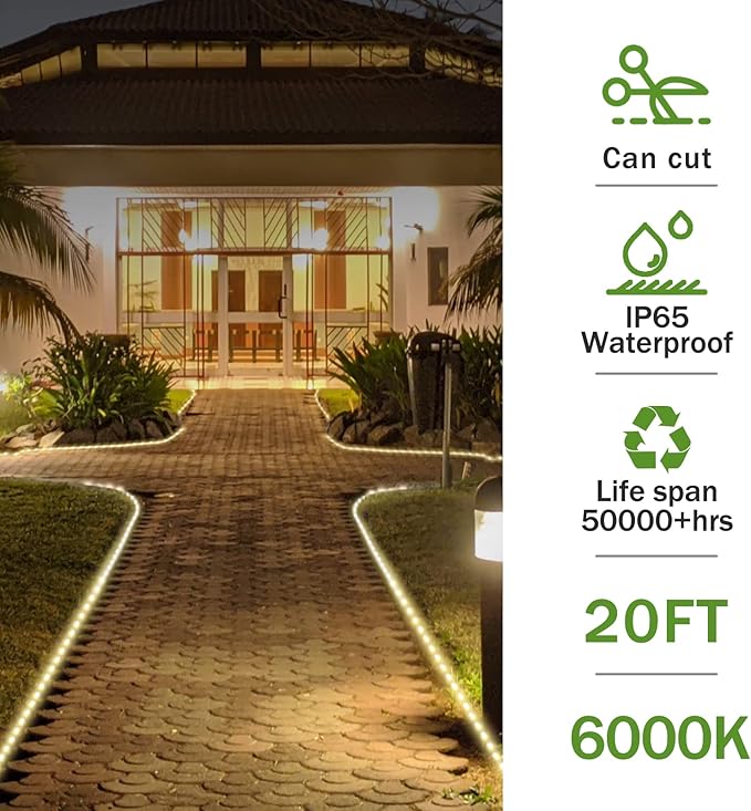 GouTonG LED Rope Lights, Warm White 110V 3000K, Indoor or Outdoor, 20ft, Perfect for Deck, Garden, Patio, Landscape Lighting, Bedroom Décor, Waterproof, Ideal for Backyards, Decorative Lighting