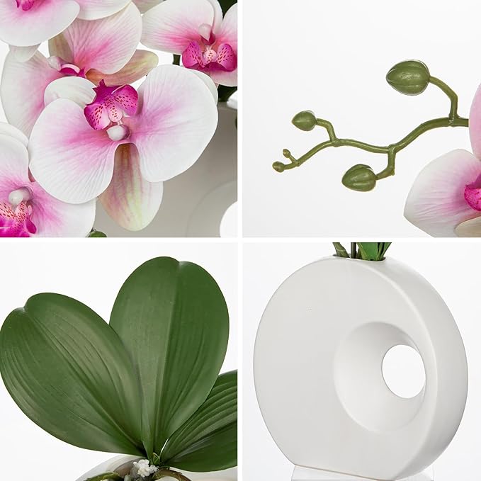 Briful Artificial Orchid Flowers in Modern Ceramic Vase 15.7" Tall Pink Faux Orchid Arrangement Silk Orchid Flower Fake Orchid Centerpiece for Home Office Room Wedding Table Décor