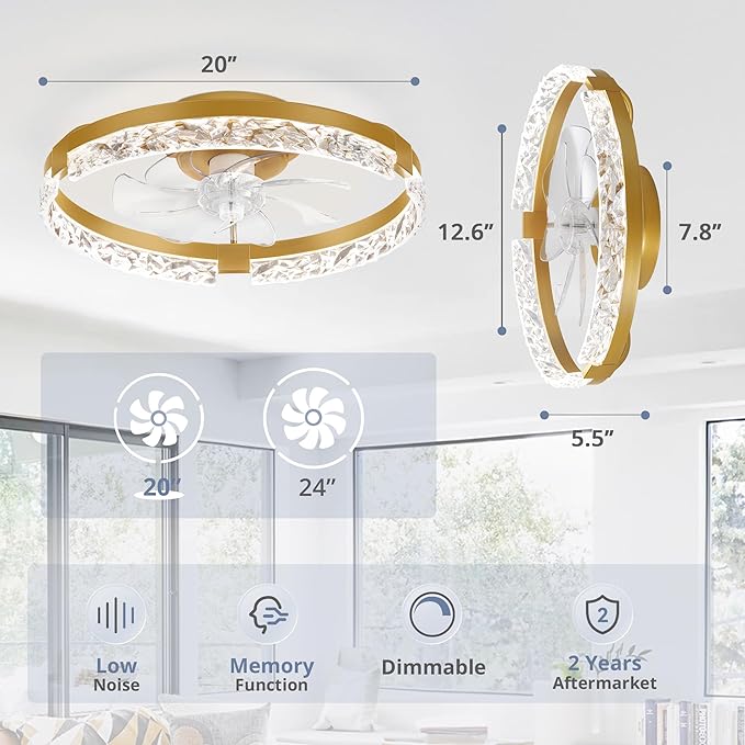 LEDIARY 2 Pack 20 Inch Low Profile Ceiling Fan with Lights and Remote, Dimmable Fandelier Ceiling Fans, Gold Modern Flush Mount Ceiling Fan with 3 Color Temperature Change and 6 Speeds