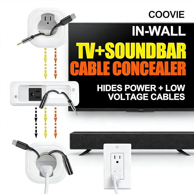 in Wall Cable Management Kit for TV & Soundbar - Cord Hiding for Wall, Hide TV Wires When Mounting, Includes Power & Low Voltage Cable Management, Includes Hole Saw Drill Attachment for Install