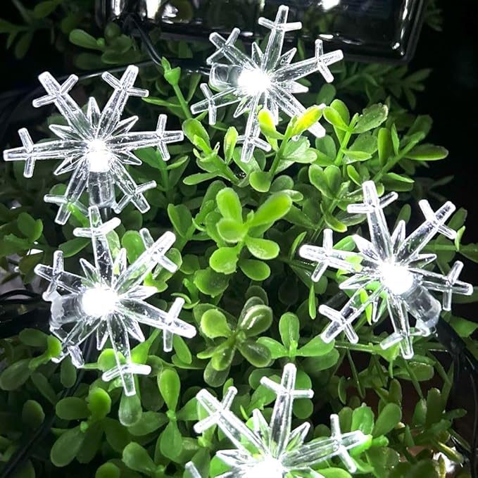 Solar Christmas Snowflake String Lights 36ft 60 LED 8 Modes Solar Fairy Outdoor Waterproof Powered String Lights for Garden Patio Yard Home Christmas Tree Parties(White-Snowflake-60LED)