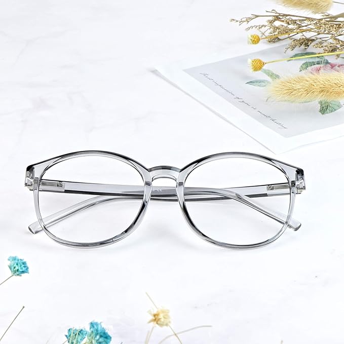 LifeArt Round Blue Light Blocking Glasses, Computer Glasses, Gaming Glasses, TV Glasses for Women Men (Clear Gray, 3.00 Magnification)