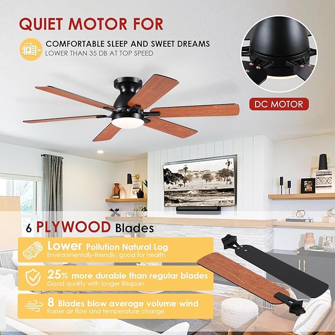 Ceiling Fans with Lights- 52" Low Profile Indoor Ceiling Fan with Light and Remote/APP Control, Flush Mount, 6 Blade, LED Dimmable DC Reversible Modern Ceiling Fan for Bedroom（Brown）