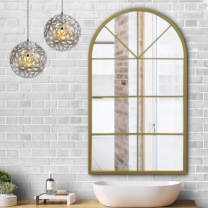 ironsmithn Large Arched Grid Mirror, Gold Windowpane Mirror, 43.3"x25.5" Window Finished Metal Mirrors for Decor Living Room Fireplace Entryway Bedroom Hallway