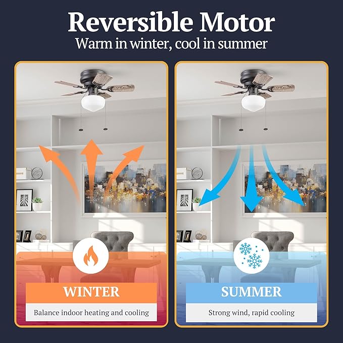Prominence Home Hero, 28 Inch Traditional Flush Mount Indoor LED Ceiling Fan with Light, Pull Chain, Dual Finish Blades, Reversible Motor - 51655-01 (Bronze)