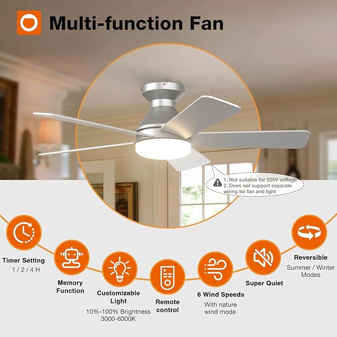 addlon Ceiling Fans with Lights, 42 Inch Low Profile Ceiling Fan with Light and Remote Control, Flush Mount, Reversible, 3CCT, Dimmable, Quiet, Silver Small Ceiling Fan for Bedroom Indoor/Outdoor Use