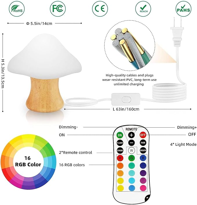 ANGTUO Wooden Mushroom Lamp, 16 Color Changing Mushroom Night Light with Two Remote Controls