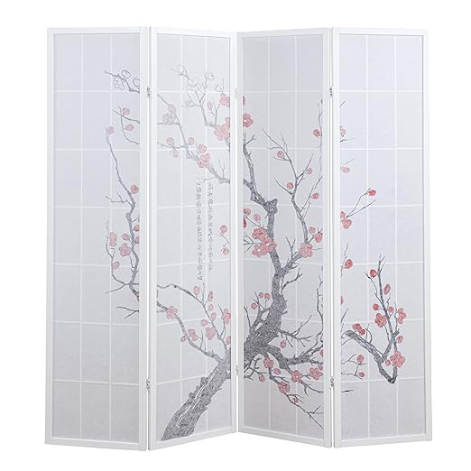 Roundhill Furniture White Japanese 4-Panel Screen Room Divider, Plum Blossom