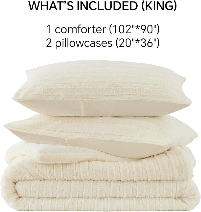BEDELITE Fleece King Comforter Set -Super Soft & Warm Fluffy Cream White Faux Fur Bedding, Luxury Fuzzy Heavy Bed Set for Winter with 2 Pillow Cases