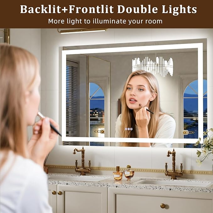 LED Bathroom Mirror with Lights, 55"x 30" Wall Mirrors with Anti-Fog, Dimmable, Backlit + Front Lit, 3 Color Modes, Memory Function Smart Mirror
