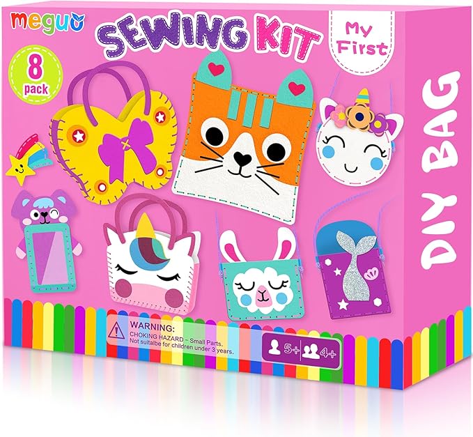 MEGUO Sewing Kit for Kids,Beginner Arts and Crafts, 8 Easy DIY Handbag and Ornaments, Christmas Birthday Gifts Presents Toys for Girls 4-12, Learn to Sew/Embroidery,Parent-Child Interaction